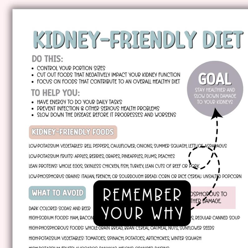 May include: A printable guide to a kidney-friendly diet. The guide includes a list of foods to eat and foods to avoid, as well as tips on how to help your kidneys stay healthy. The goal is to stay healthier and slow down damage to your kidneys.