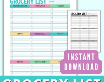 Peut inclure: Un modèle de liste de courses imprimable avec un design coloré. La liste est divisée en catégories : fruits/légumes, viande/poisson, surgelés, produits laitiers, boulangerie/charcuterie, garde-manger, boissons, ménage et divers. Chaque catégorie comporte une liste de contrôle avec des espaces vides pour écrire les articles.