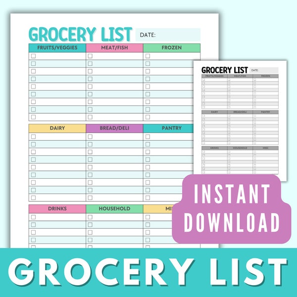 Grocery List Printable Template, Grocery Planner, Food Shopping List, Shopping List, Grocery Shopping Planner A4/Letter, Instant Download