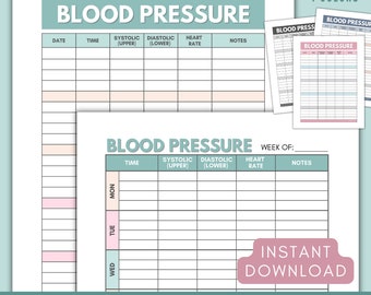 May include: Printable blood pressure log with two versions and four color options. The log includes columns for date, time, systolic, diastolic, heart rate, and notes. The text "Instant Download" is in a pink circle.
