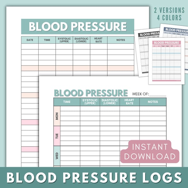 Blood Pressure Log Printable Blood Pressure Chart, Blood Pressure Tracker Sheet, Weekly Blood Pressure Log, BP Chart, Instant Download PDF