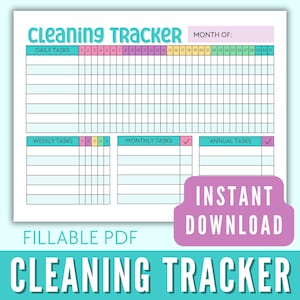 Könnte beinhalten: Ein druckbarer Reinigungstracker mit hellblauem Hintergrund und bunten Akzenten. Der Tracker enthält Bereiche für tägliche, wöchentliche, monatliche und jährliche Aufgaben. Der Text "INSTANT DOWNLOAD" befindet sich in einem rosa Kasten.