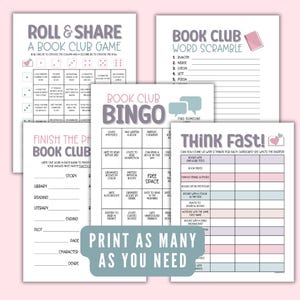 Puede incluir: Un conjunto de tarjetas de juego de club de lectura imprimibles con acentos rosas y azules. Los juegos incluyen "Roll & Share", "Book Club Bingo", "Finish the Phrase Book Club", "Book Club Word Scramble" y "Think Fast!"