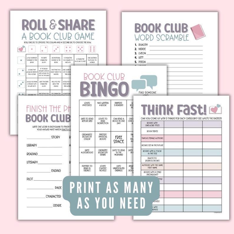 Puede incluir: Un conjunto de tarjetas de juego de club de lectura imprimibles con acentos rosas y azules. Los juegos incluyen "Roll & Share", "Book Club Bingo", "Finish the Phrase Book Club", "Book Club Word Scramble" y "Think Fast!"