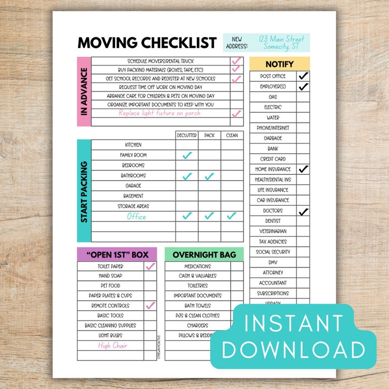 Moving Checklist Printable, Colorful Moving Planner, Relocation