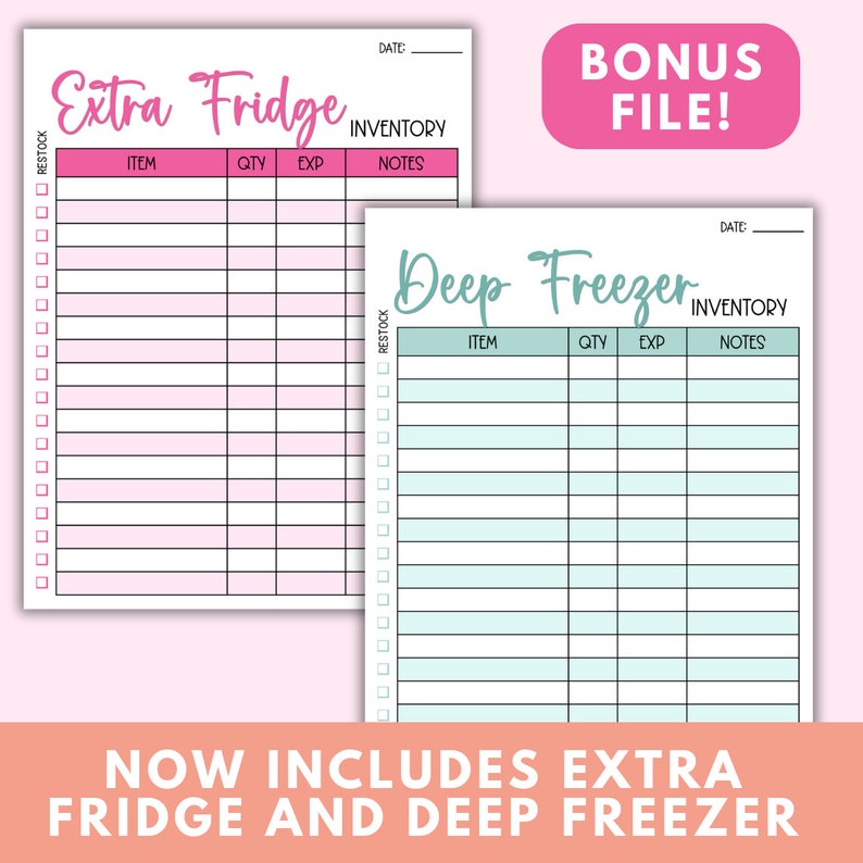 May include: Printable refrigerator and deep freezer inventory lists. The lists have columns for item, quantity, expiration date, and notes. The refrigerator list has a pink background and the freezer list has a blue background.