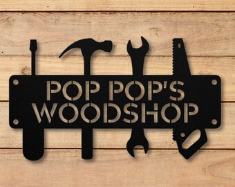 Pop Pop's Woodshop Sign | Workshop Metal Wall Art for Him | Garage Sign with Tools and Saw | Gift for Pop Pop on Father's Day | Grandpa Gift