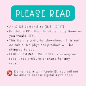 Puede incluir: Un rect&aacute;ngulo azul turquesa con el texto "PLEASE READ" en blanco. El texto debajo del rect&aacute;ngulo incluye informaci&oacute;n sobre la descarga digital, incluido el tama&ntilde;o del archivo, el formato y las restricciones de uso. Una X roja con un c&iacute;rculo blanco alrededor est&aacute; debajo del texto, con el texto "No inicie sesi&oacute;n con Apple ID. No podr&aacute; acceder a las descargas digitales."