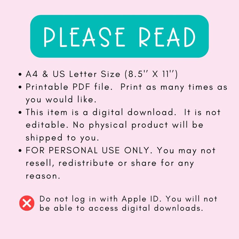 Puede incluir: Un rect&aacute;ngulo azul turquesa con el texto "PLEASE READ" en blanco. El texto debajo del rect&aacute;ngulo incluye informaci&oacute;n sobre la descarga digital, incluido el tama&ntilde;o del archivo, el formato y las restricciones de uso. Una X roja con un c&iacute;rculo blanco alrededor est&aacute; debajo del texto, con el texto "No inicie sesi&oacute;n con Apple ID. No podr&aacute; acceder a las descargas digitales."