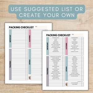 May include: A printable packing checklist with two columns, one for "Important" and the other for "Clothing". The checklist includes items such as passport, phone, wallet, medication, travel tickets, underwear, pyjamas, socks, shoes, trousers, shirts, and more.