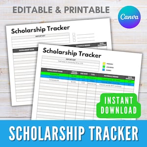 Può includere: Due modelli stampabili di monitoraggio delle borse di studio. La parte superiore della pagina recita "EDITABLE & PRINTABLE" e "Scholarship Tracker". La parte inferiore della pagina recita "SCHOLARSHIP TRACKER". I modelli includono sezioni per il nome della borsa di studio, l'importo, la data di scadenza e i materiali necessari.