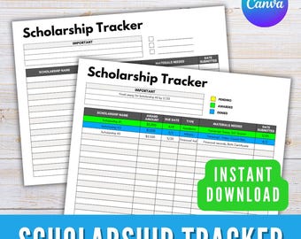 May include: Two printable scholarship tracker templates. The top of the page reads "EDITABLE & PRINTABLE" and "Scholarship Tracker". The bottom of the page reads "SCHOLARSHIP TRACKER". The templates include sections for scholarship name, award amount, due date, and materials needed.