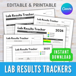 以下が含まれることがあります： 印刷可能な「Lab Results Tracker」シートのコレクション。シートは白地に黒文字で、日付、検査、参照範囲のセクションが含まれています。画像には「EDITABLE & PRINTABLE」と「INSTANT DOWNLOAD」の文字も含まれています。