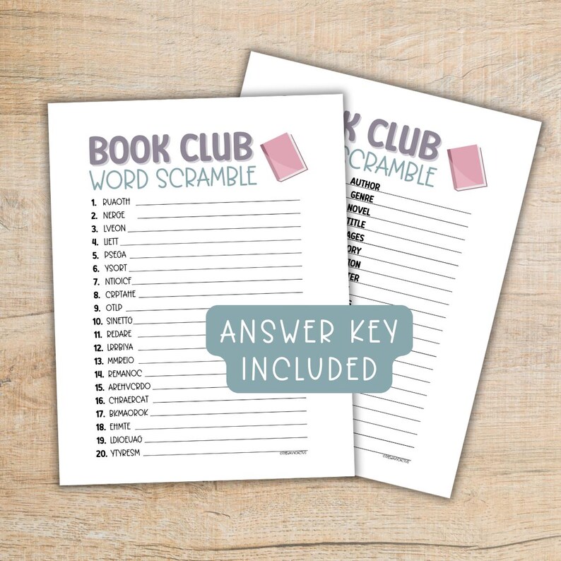 May include: A printable book club word scramble game with a pink book icon. The game includes 20 words to unscramble, such as "author", "genre", "novel", and "title". The answer key is included.