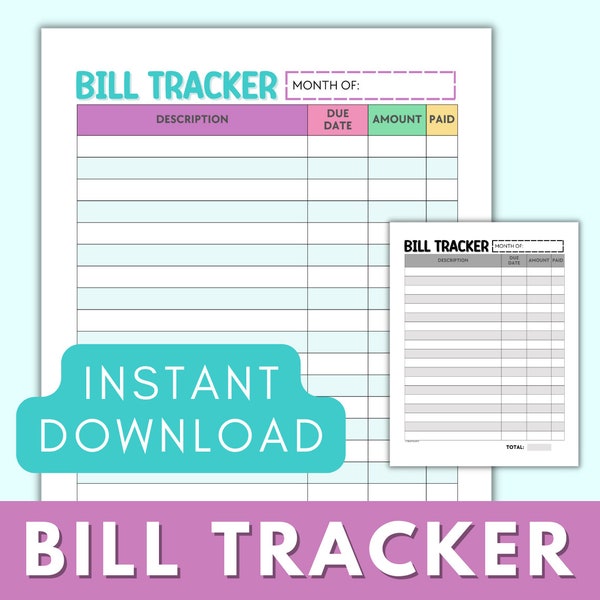 Monthly Bill Tracker Printable, Colorful Bill Payment Checklist, Monthly Bill Log, Bill Organizer Finance Planner A4 Letter Instant Download