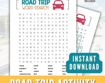 Può includere: Un foglio di attività di ricerca di parole per viaggi su strada stampabile con una grafica di auto rossa. Il foglio include una griglia di ricerca di parole, un elenco di parole da trovare e il testo "Road Trip Word Search".