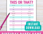 Birthday Party Game for Girls Printable, Fun This or That Birthday Party Game, Printable Party Game, Bday Games for Tweens Teens Download