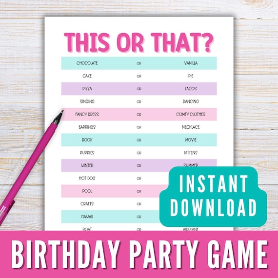 Birthday Party Game for Girls Printable, Fun This or That Birthday Party Game, Printable Party Game, Bday Games for Tweens Teens Download