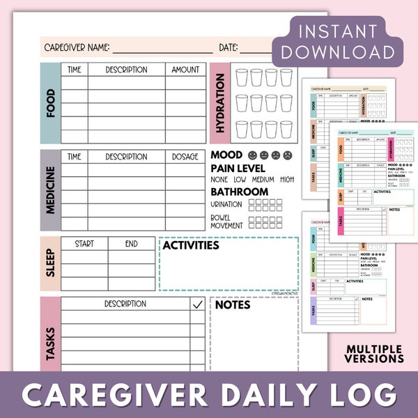 Caregiver Log Printable, Caregiver Daily Log Instant Download, Caregiver Checklist, Daily Caregiver Notes, Printable Caregiver Daily Log