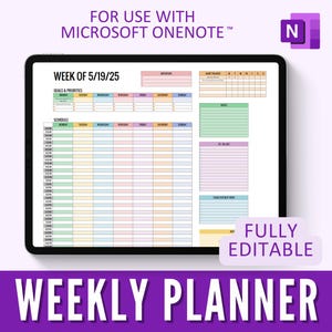 Op de afbeelding: Een wekelijkse plannertemplate voor Microsoft OneNote. De sjabloon is kleurrijk en bevat secties voor doelen, prioriteiten, schema, notities en taken. De tekst "WEEK OF 5/19/25" staat bovenaan de sjabloon.