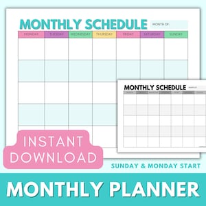 Planificador mensual sin fecha Paisaje imprimible, Calendario mensual colorido, Programación mensual Descarga instantánea A4/Carta Inicio de lunes y domingo