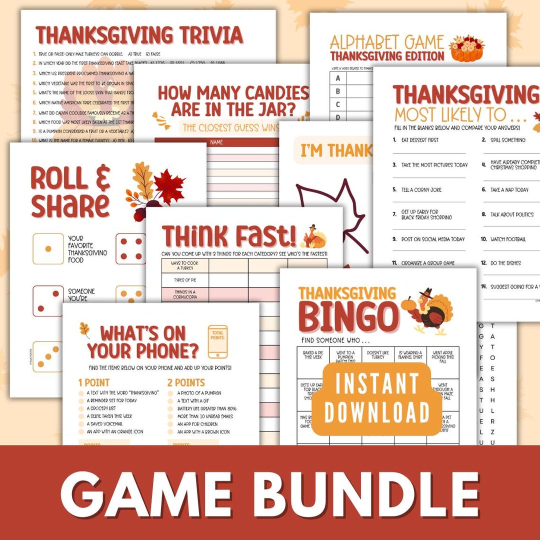 Thanksgiving Game BUNDLE, Printable Fall Activities for Kids and Adults ...