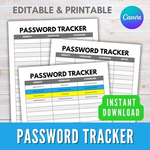 Op de afbeelding: Een stapel afdrukbare wachtwoordtrackerbladen met de woorden "PASSWORD TRACKER", "WEBSITE", "USERNAME" en "PASSWORD" erop gedrukt. De woorden "EDITABLE & PRINTABLE" en "INSTANT DOWNLOAD" zijn ook zichtbaar.