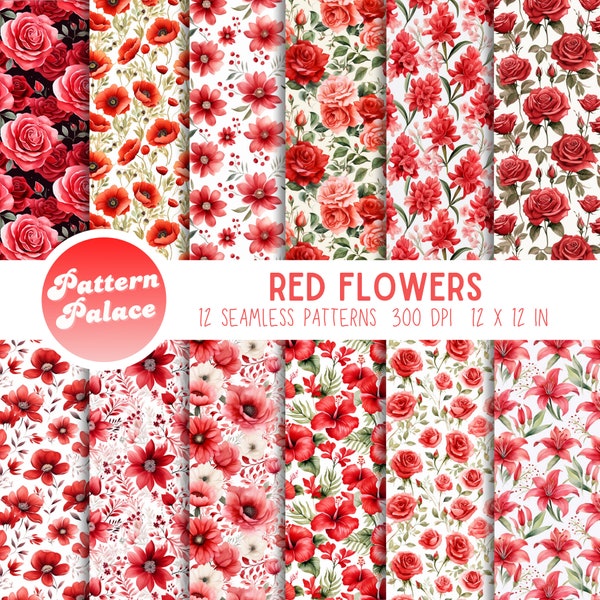 Red Flowers Digital Paper, Seamless Pattern, Pastel Digital Paper Pack, Printable Scrapbook Paper for Commercial Use