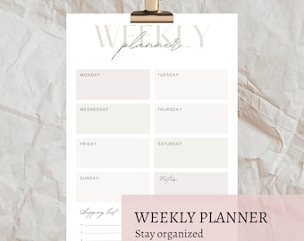 Simple Weekly Planner, Weekly Schedule, Weekly Agenda, Planner To Do List, Instant Download, Printable, A4