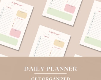 May include: Four printable daily planner pages with a light pink background. Each page has a section for a schedule, a to-do list, and a shopping list. The text "Daily Planner" is written in pink at the top of each page. The text "Get Organized" is written in pink at the bottom of the page.