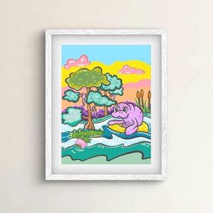 Florida artwork, manatee and Alagator in swamp, wall artwork digital download