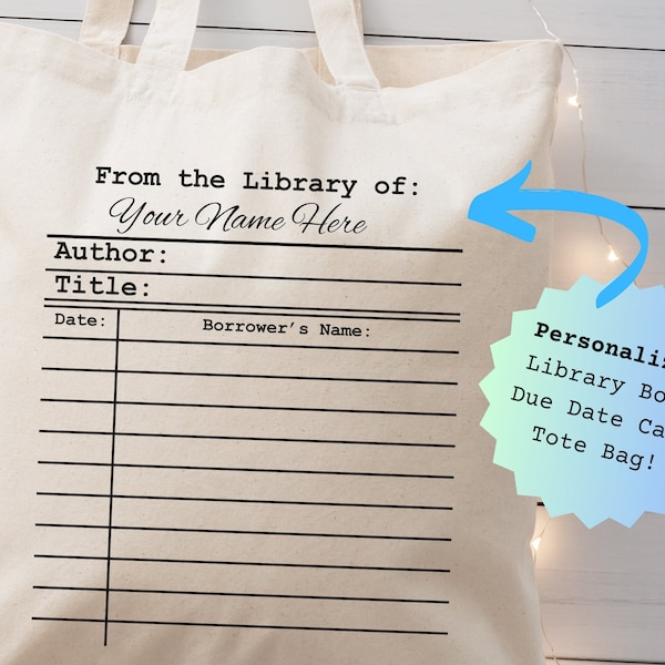 Personalized Library Book Due Date Card Tote Bag | Custom Book Lover Gift | Bookish Gifts | Library Book Tote Bag | Author Autograph Bag