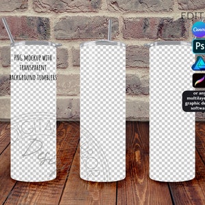 Skinny Tumbler Mockup PNG / 3 Tumblers with Brick Wood Background / Tumbler Mock Up Transparent for Sublimation / Digital Download