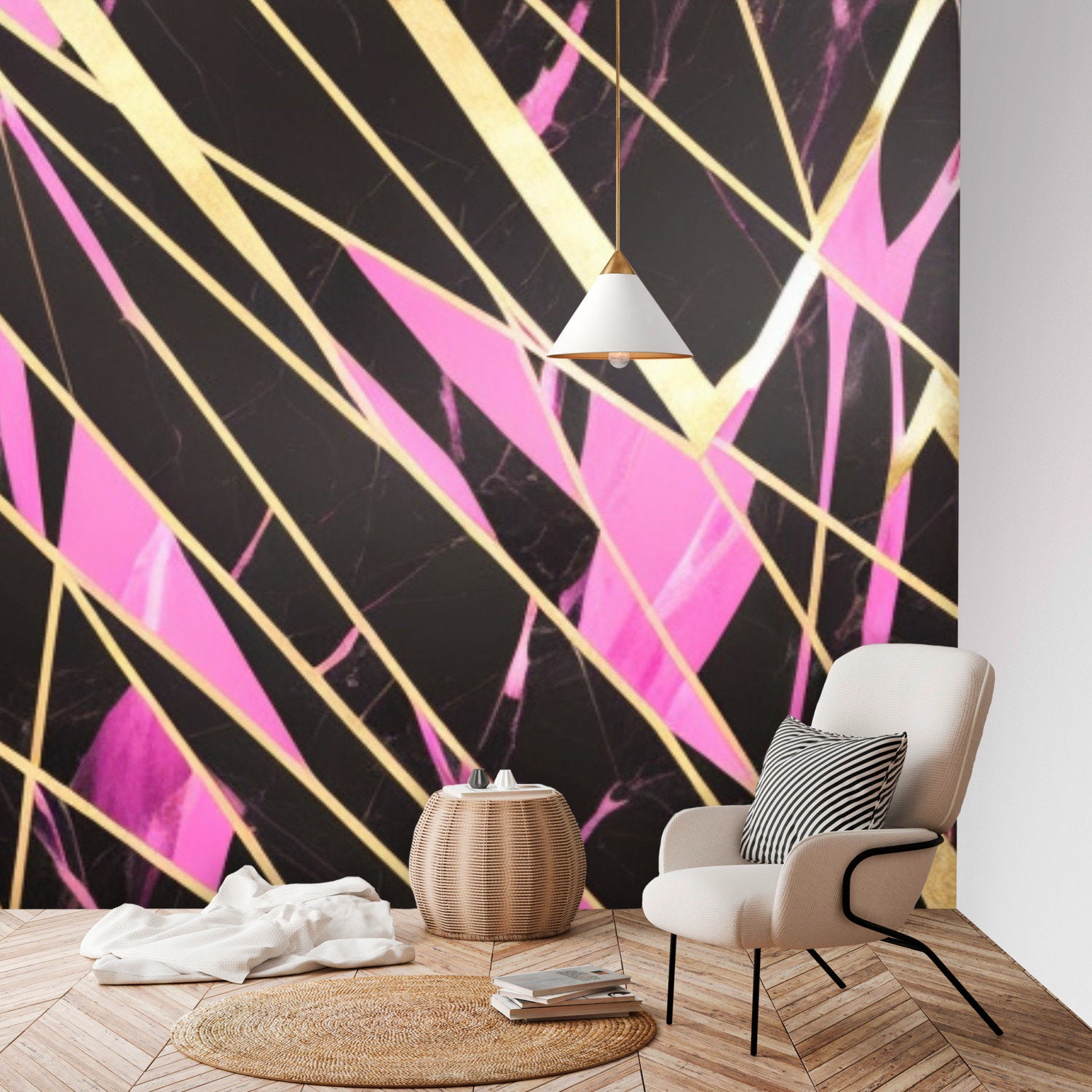 WM8423062 Wallpaper Beige Rose Gold Textured Geometric Trellis