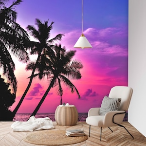 Palm Tree Pink Sky Wall Mural | Reusable Wallpaper | Temporary Wallpaper | Peel & Stick | Family Beach Home Decor | Removable Wallpaper