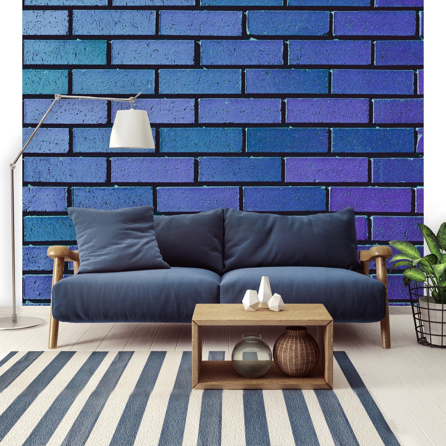 Blue Brick Wall Mural | Reusable Wallpaper | Temporary Wallpaper | Peel