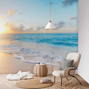 Beach Wall Mural | Reusable Wallpaper | Temporary Wallpaper | Peel & Stick | Beach House Decor | Family Lake House Decor | Ocean Wallpaper