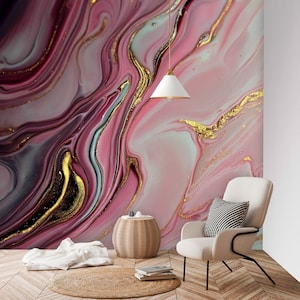 Acrylic Wall Mural | Marble Wallpaper | Peel & Stick | Removable Decor | Temporary Wallpaper | Marble Wall Mural | Pink Marble | Gold Marble