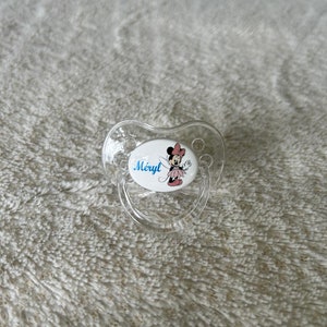 Personalized baby pacifier with first name, Minnie and Mickey theme