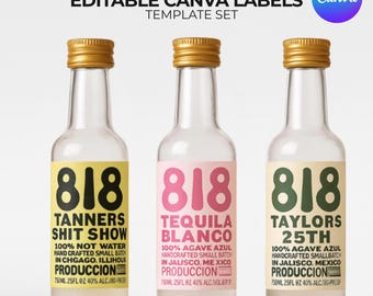 Editable 818 Bottle Label Set | Personalized tequila Shooter Label | Birthday, Bachelorette, Party Favor | Canva Template | Instant Download