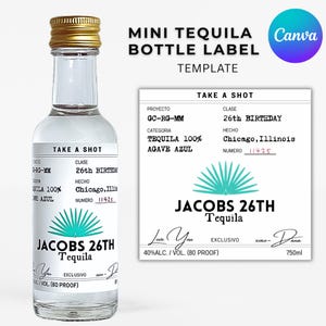Mini Tequila Bottle Label Template Editable | Bachelorette & Birthday Shot Bottle Favor Label | Canva Template Instant Download