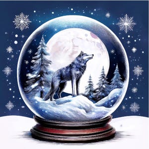 May include: A snow globe featuring a wolf howling at the moon, set within a winter landscape with pine trees and snowflakes. The globe sits on a wooden base with a red accent.