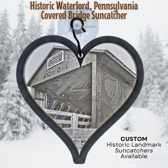 Personalized Heart Suncatcher Covered Bridge Home Window Decor Historical Custom Suncatcher Valentine Birthday Holiday Gift Mirror Hanger