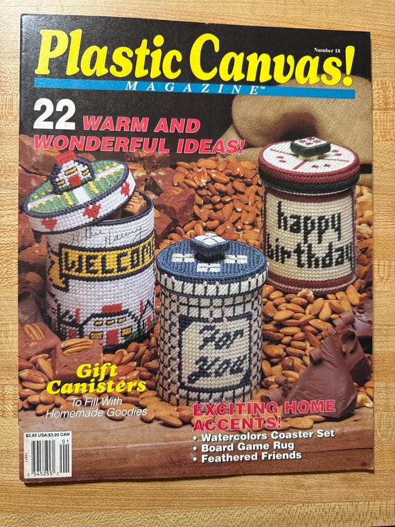 Vintage Plastic Canvas Magazine Needlepoint Valentine Day Tote Bag January February 1992 Craft Pattern Project Gift Canister Game Mat Desk