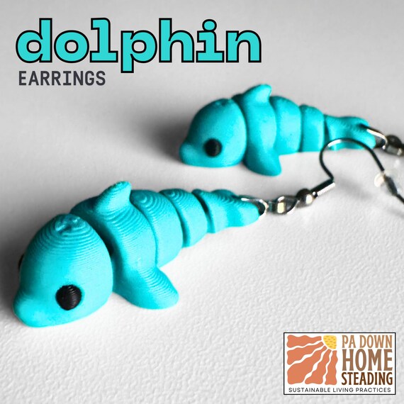 Dolphin Dangle Earrings Custom Color Marine Animal Beach Theme Ocean Inspired Lightweight Earrings Matching Pair Plastic Material 3D Printed