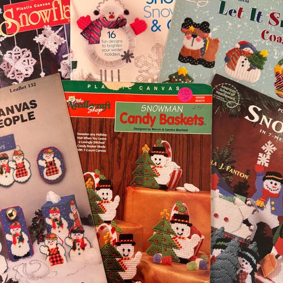 Plastic Canvas Snowmen Pattern Craft Design Needlepoint Hobby Book Vintage Holiday Decor Handmade Snowflake Ornament DIY Candy Cane Pattern