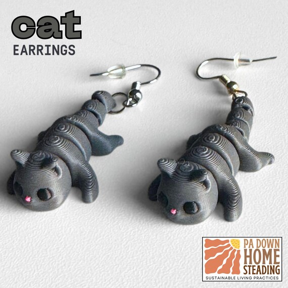 Kitten Dangle Earrings Custom Color Cat Lover Animal Theme Kitty Inspired Lightweight Earrings Matching Pair Plastic Material 3D Printed
