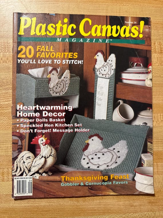 Chicken Vintage Plastic Canvas Magazine September October 1991 Hen Kitchen Decor Farm and Thanksgiving Pattern Jam Box Tote Paper Doll