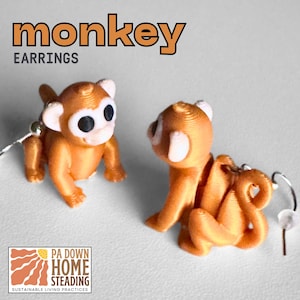 Puede incluir: Pendientes de mono naranja con detalles blancos y ojos negros. La palabra "monkey" está escrita en letras naranjas sobre la palabra "earrings". Sobre un fondo blanco.