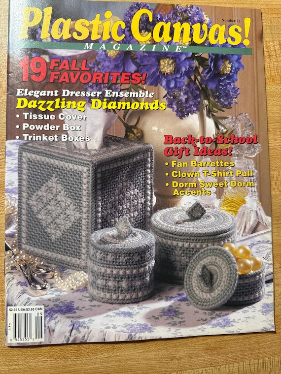 Plastic Canvas magazine vintage winter sparkle shelf sitter pattern baby shower gift idea flower box sport athlete photo cube dorm room sign